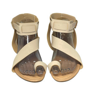 Pink Lily Sz 7 Boot Sandals Toe Ring Buckle Ankle Strap Faux Leather Neutral Tan